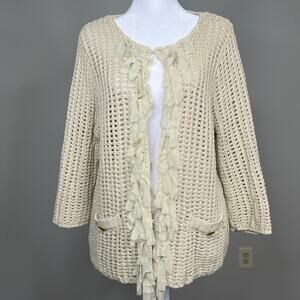 Chicos Size 2 Large Brown Hook Eye Loose Knit Cardigan Sweater 3/4 Sleeve